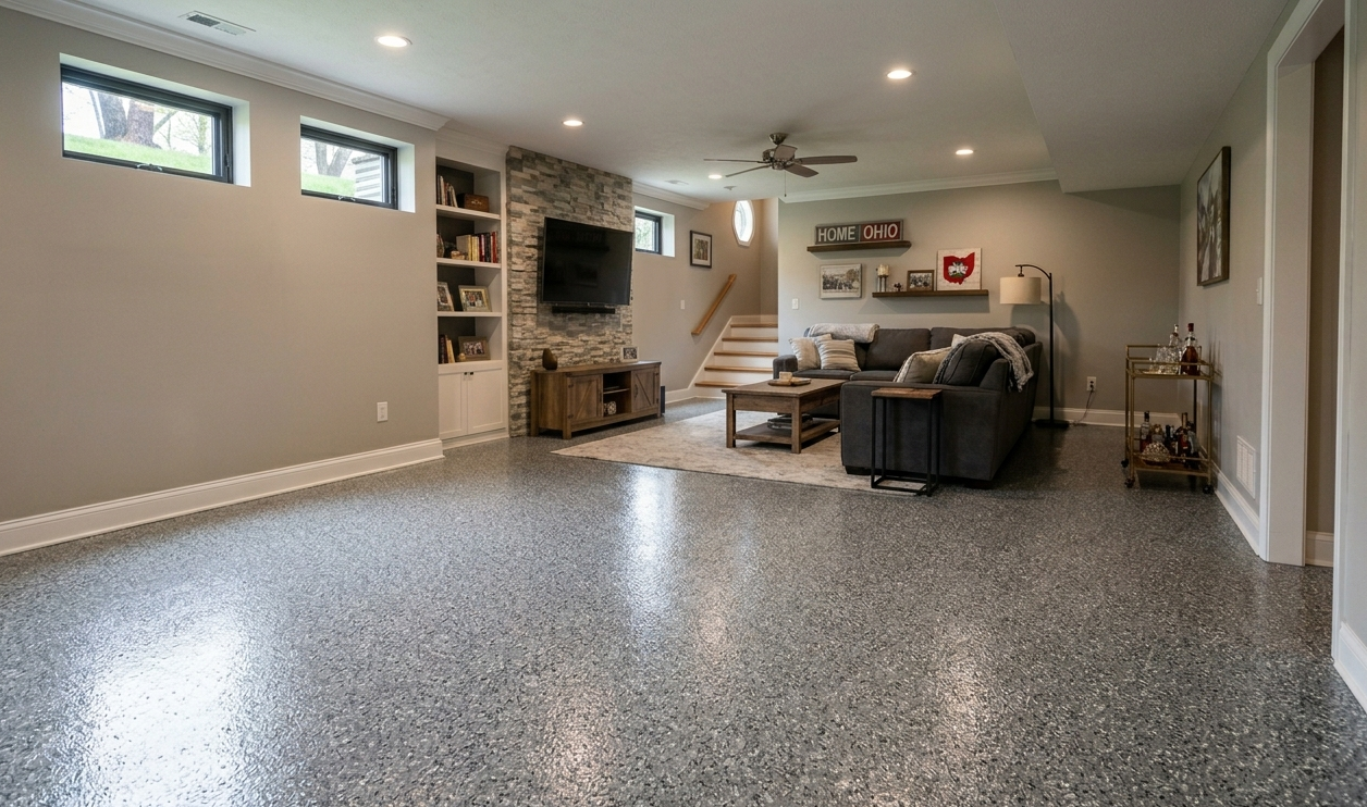 Spacious finished basement with gray speckled floor, recessed lights, fireplace, stairs, and a sectional sofa.