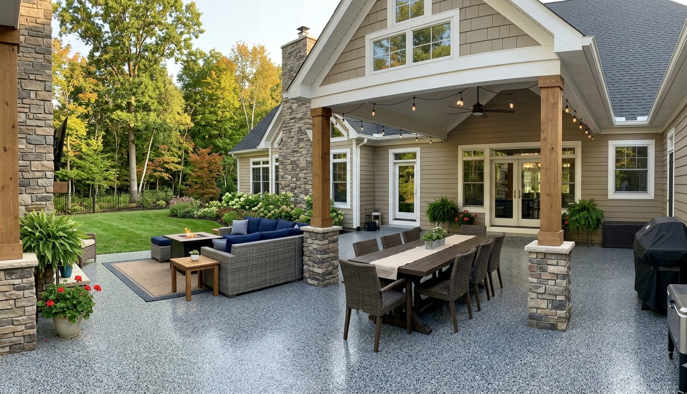 Spacious stone patio with outdoor dining, seating, and a covered porch beside a house