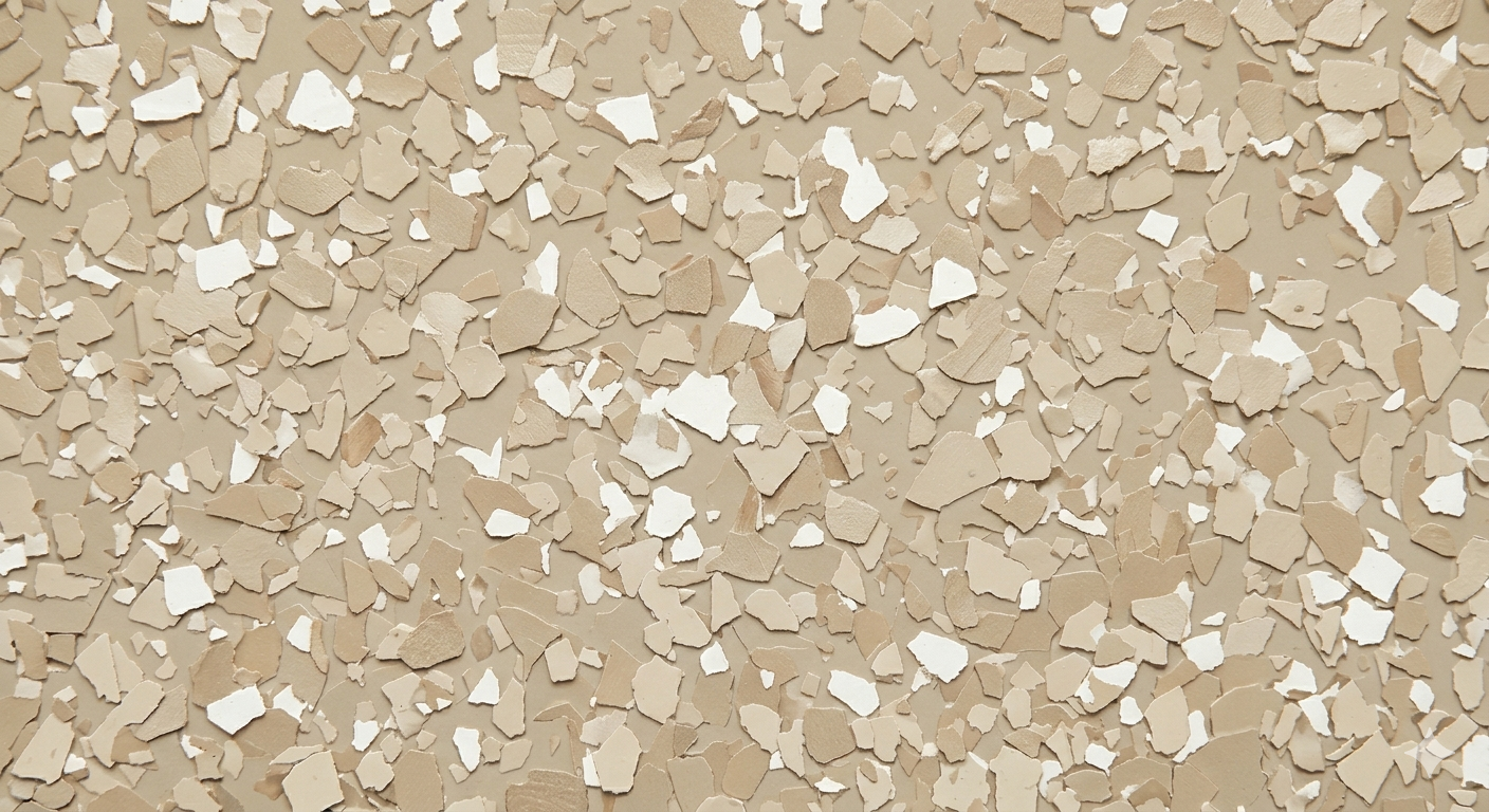 Beige terrazzo surface with scattered white stone chips and speckles