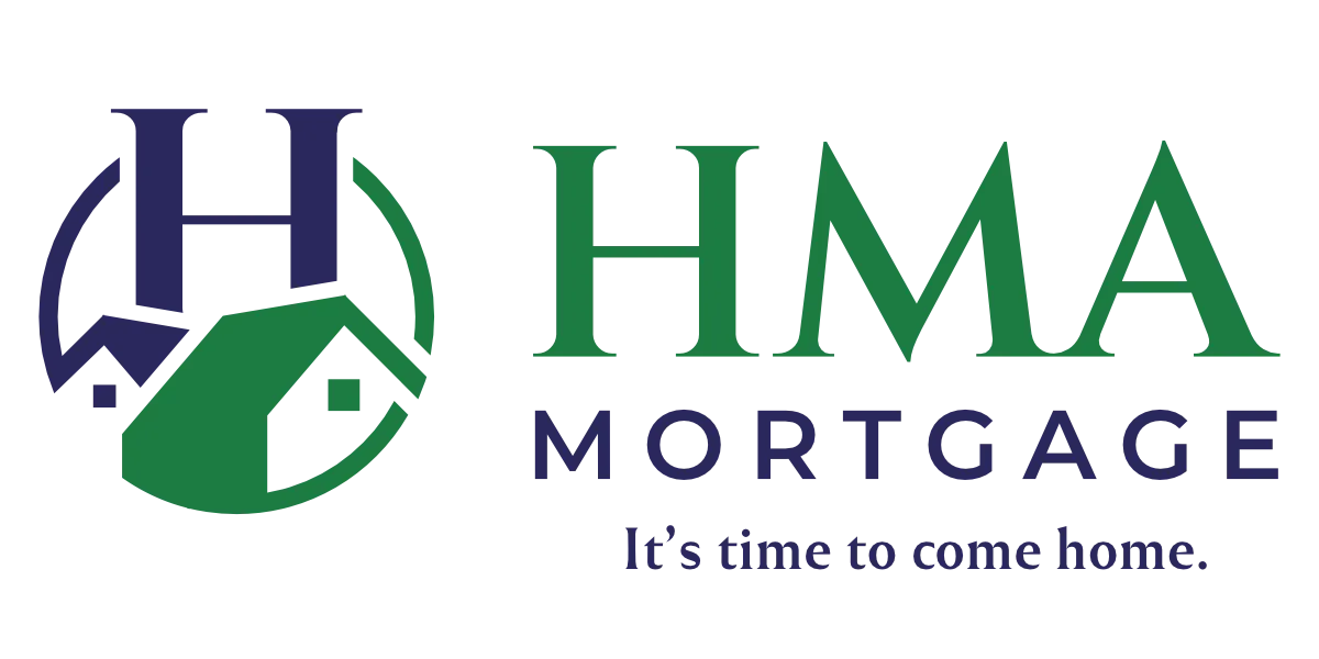 HMA Mortgage logo with blue and green letters and house graphic.