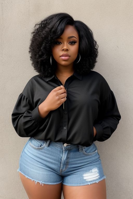“Plus‑size model in black top posing against neutral background”