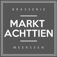 Logo for Brasserie Markt Achttien in Meerssen, gray background, white text, and a double border.