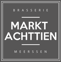 Logo for Brasserie Markt Achttien in Meerssen, gray background, white text, and a double border.