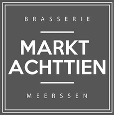 Logo for Brasserie Markt Achttien in Meerssen, gray background, white text, and a double border.