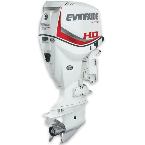 Motore fuoribordo Evinrude E-TEC HD bianco con dettagli rossi e grigi.