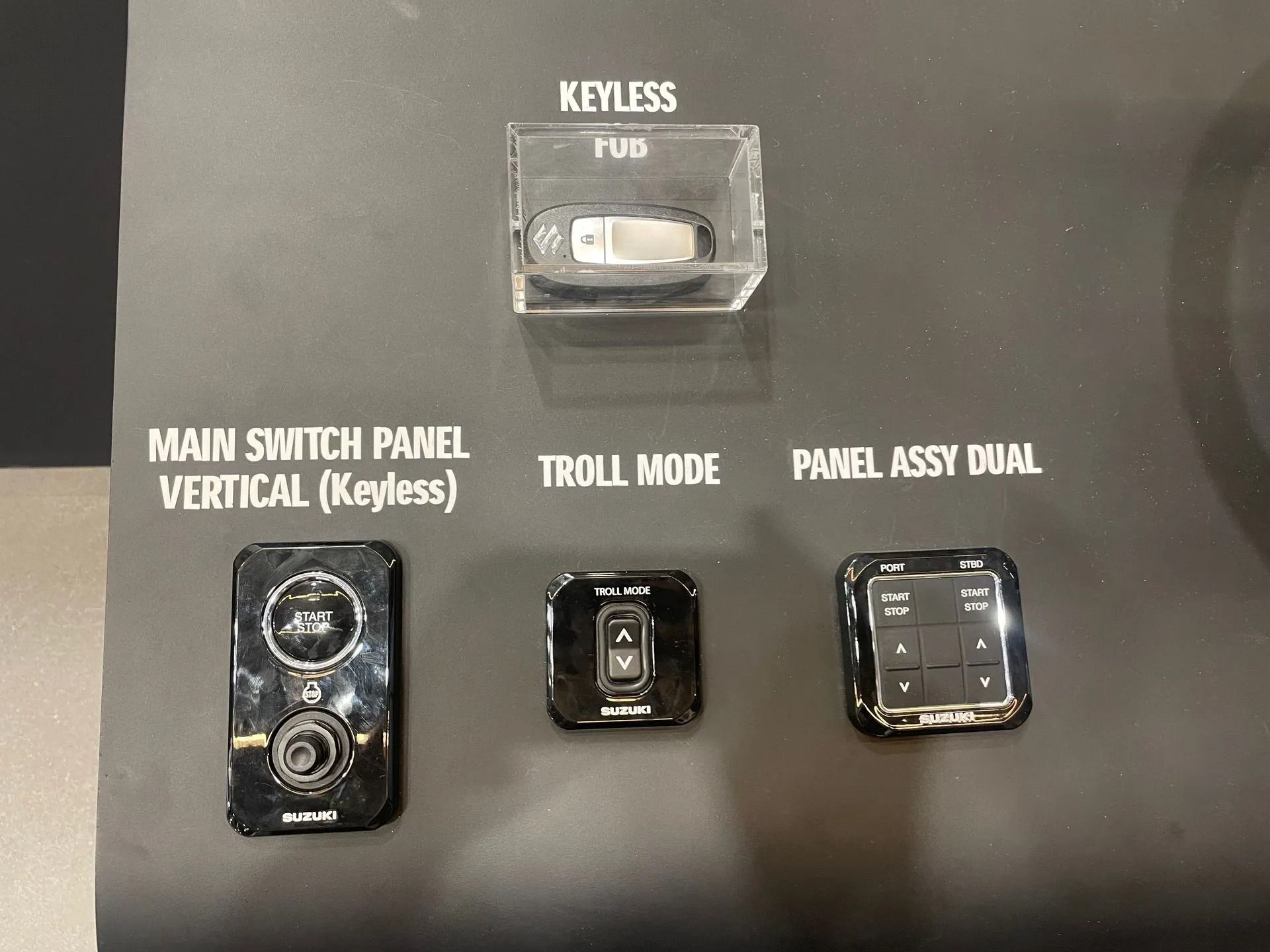 Visualizzazione del telecomando e dei pannelli di controllo del veicolo con etichette: telecomando senza chiave, pannello interruttori, modalità troll e pannello doppio.