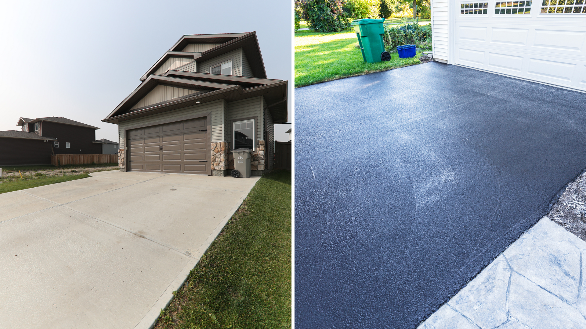 Side-by-side comparison of a light-colored concrete driveway and a dark asphalt driveway in front of