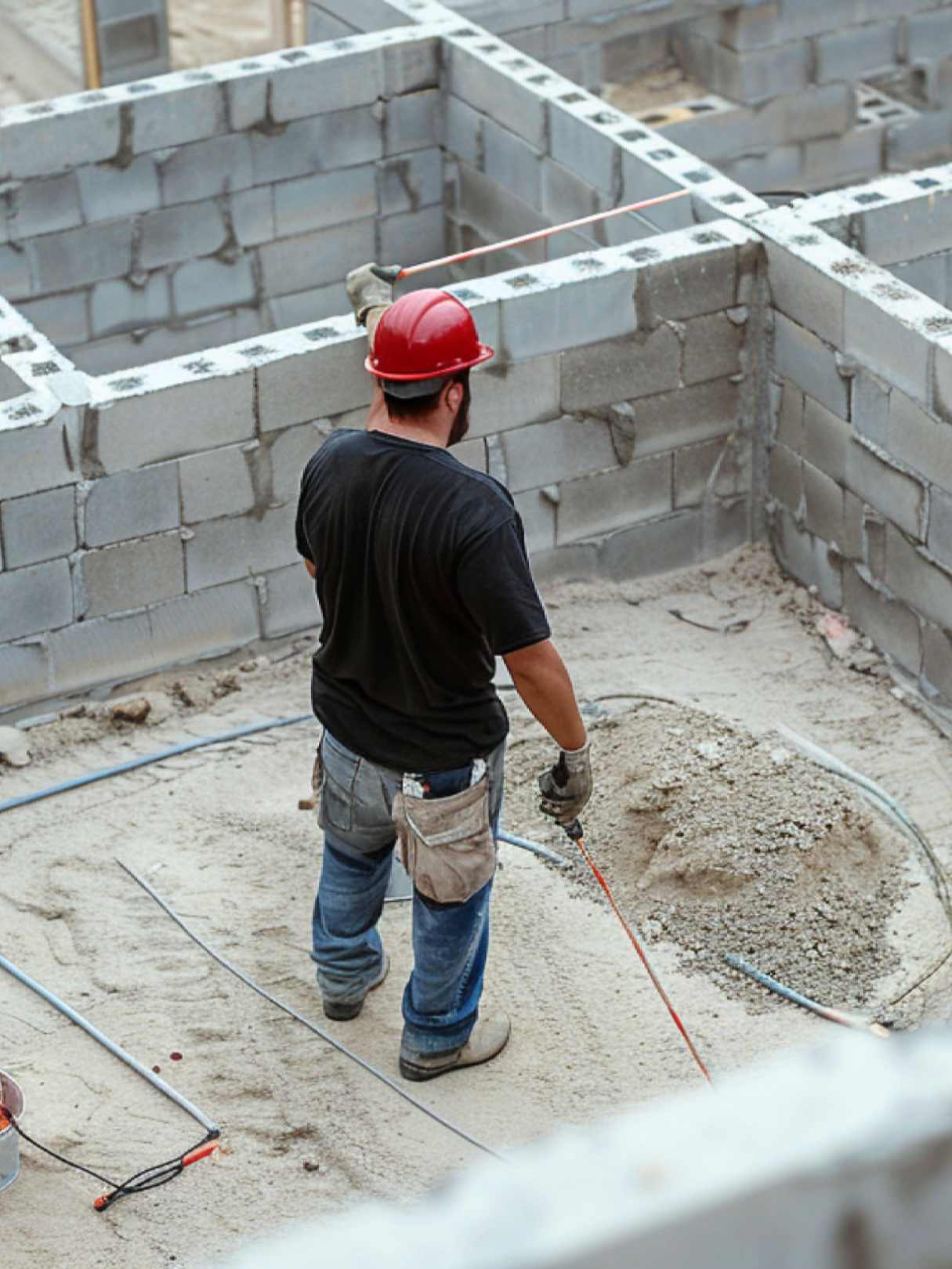 A construction worker is measuring a brick wall with a tape measure.
