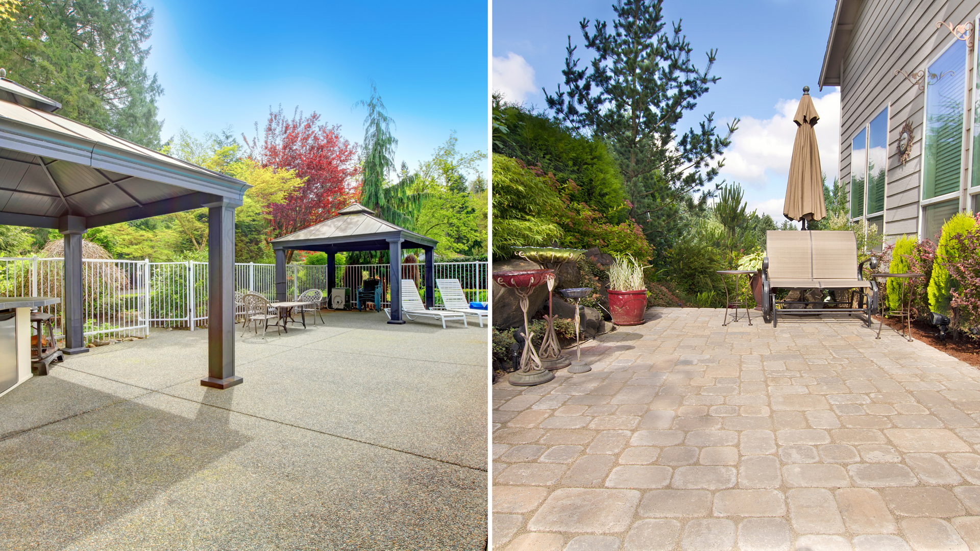 Concrete patio next to paver patio comparison in a residential backyard in Ocala, FL