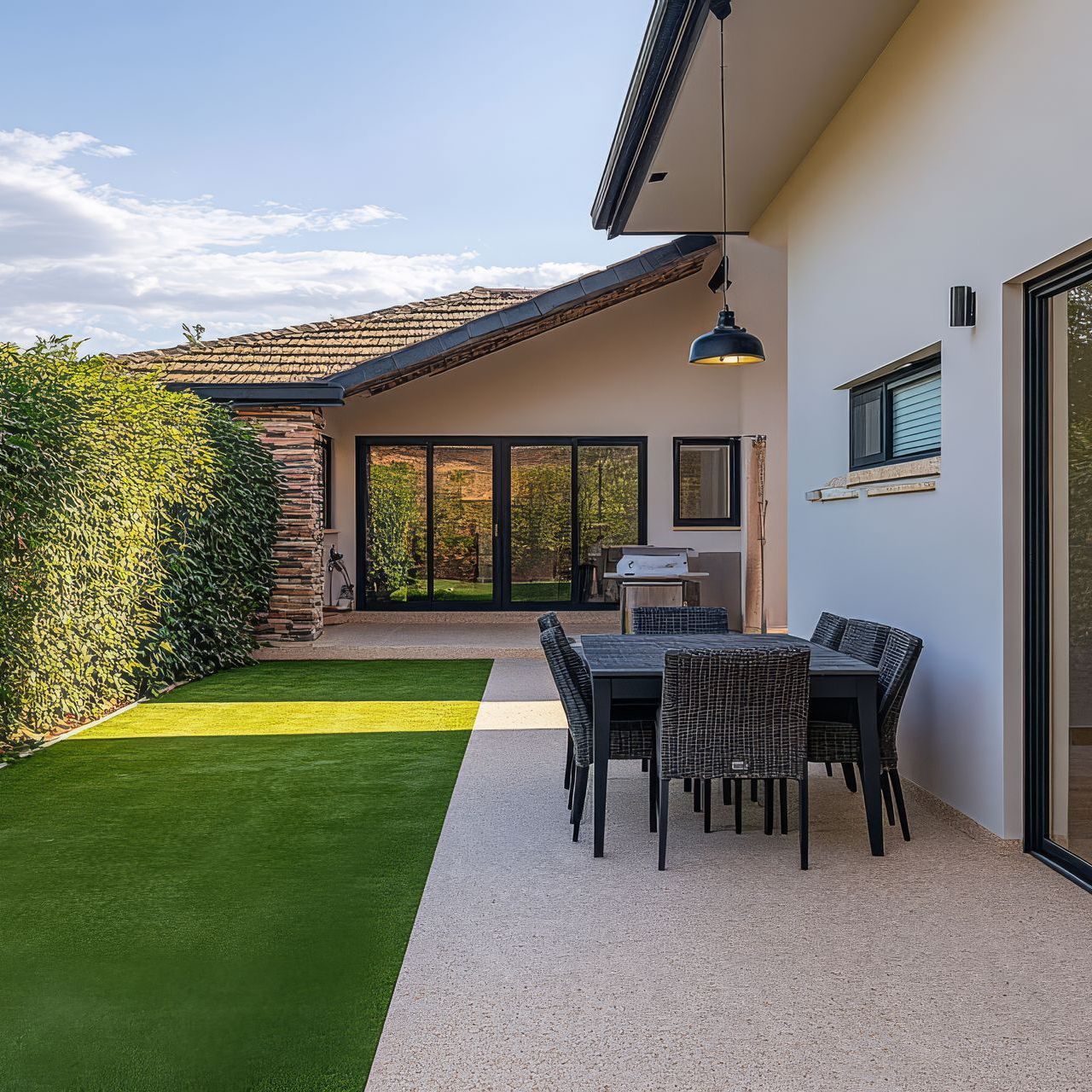 A concrete patio design with a table and chairs and a grill.