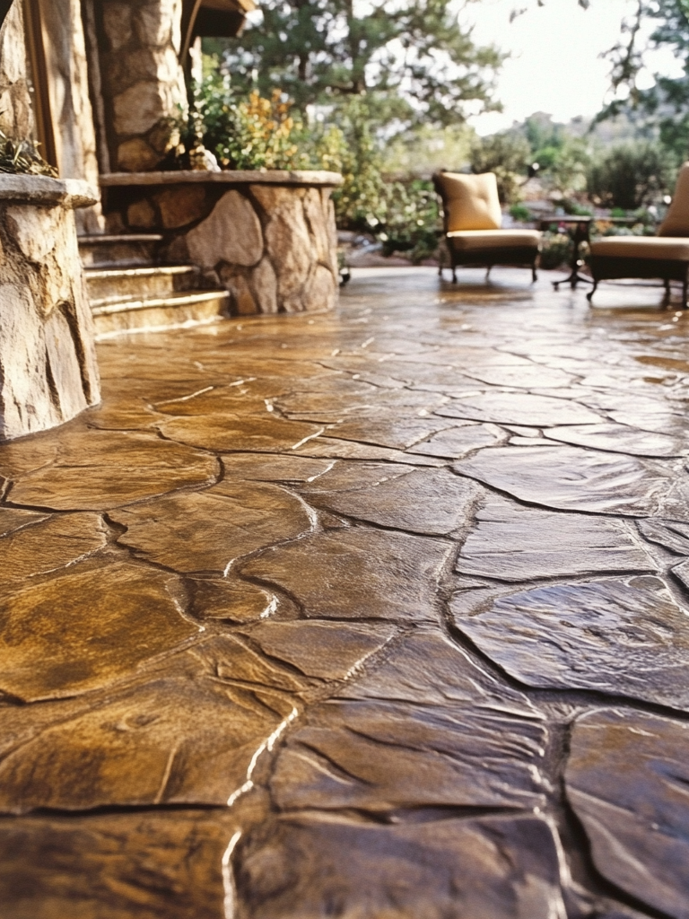 A black and white photo of a stamped concrete