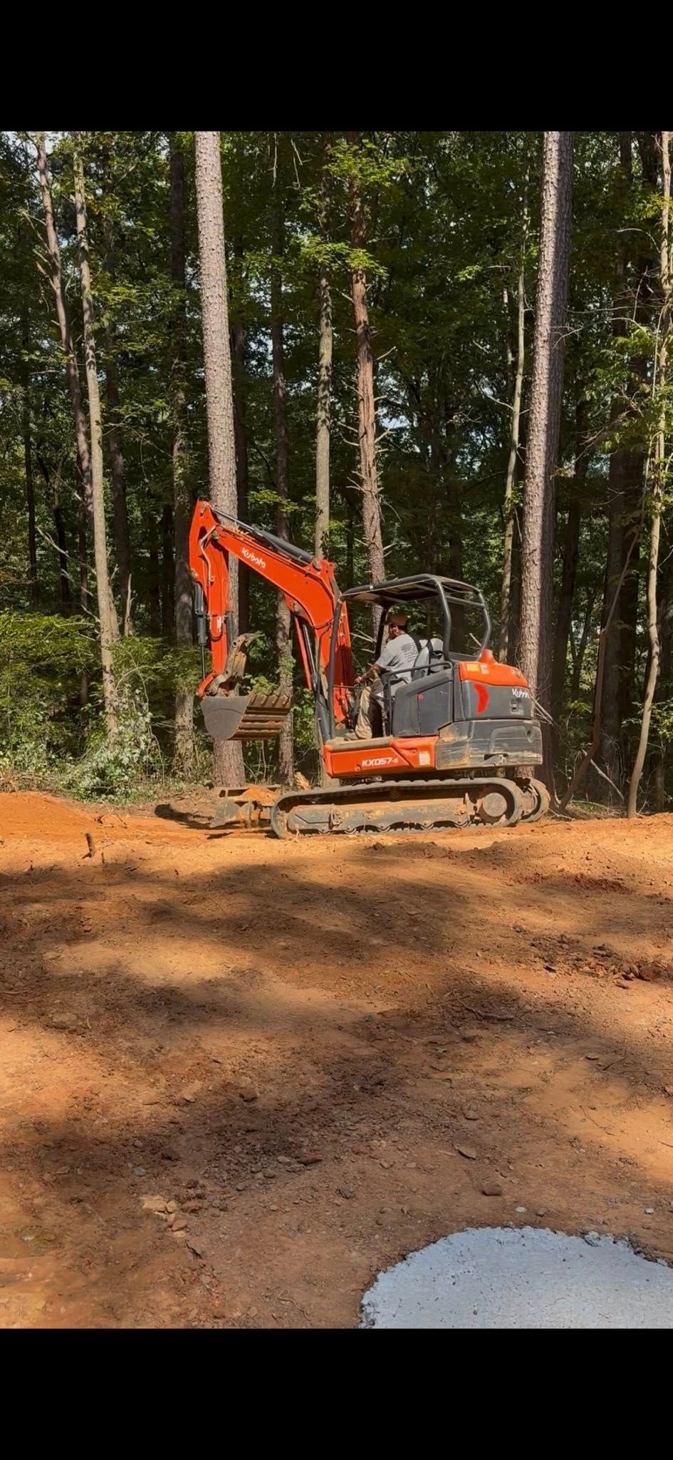 Orange excavator clearing dirt in a wooded area with tall trees.
