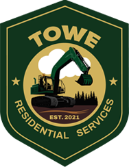 Green hexagon logo for Towe Residential Services with excavator and sunset scene, Est. 2021