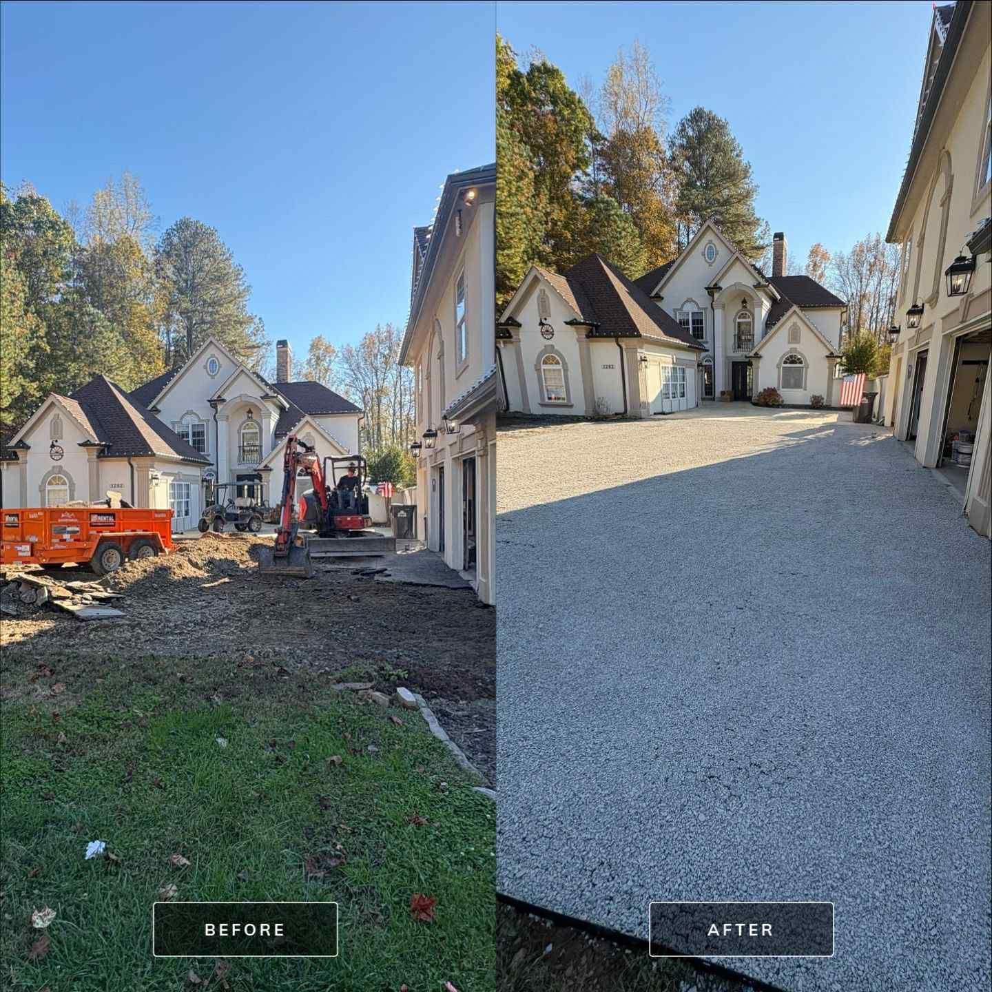 Before-and-after view of a gravel driveway installation beside small white cottages and trees