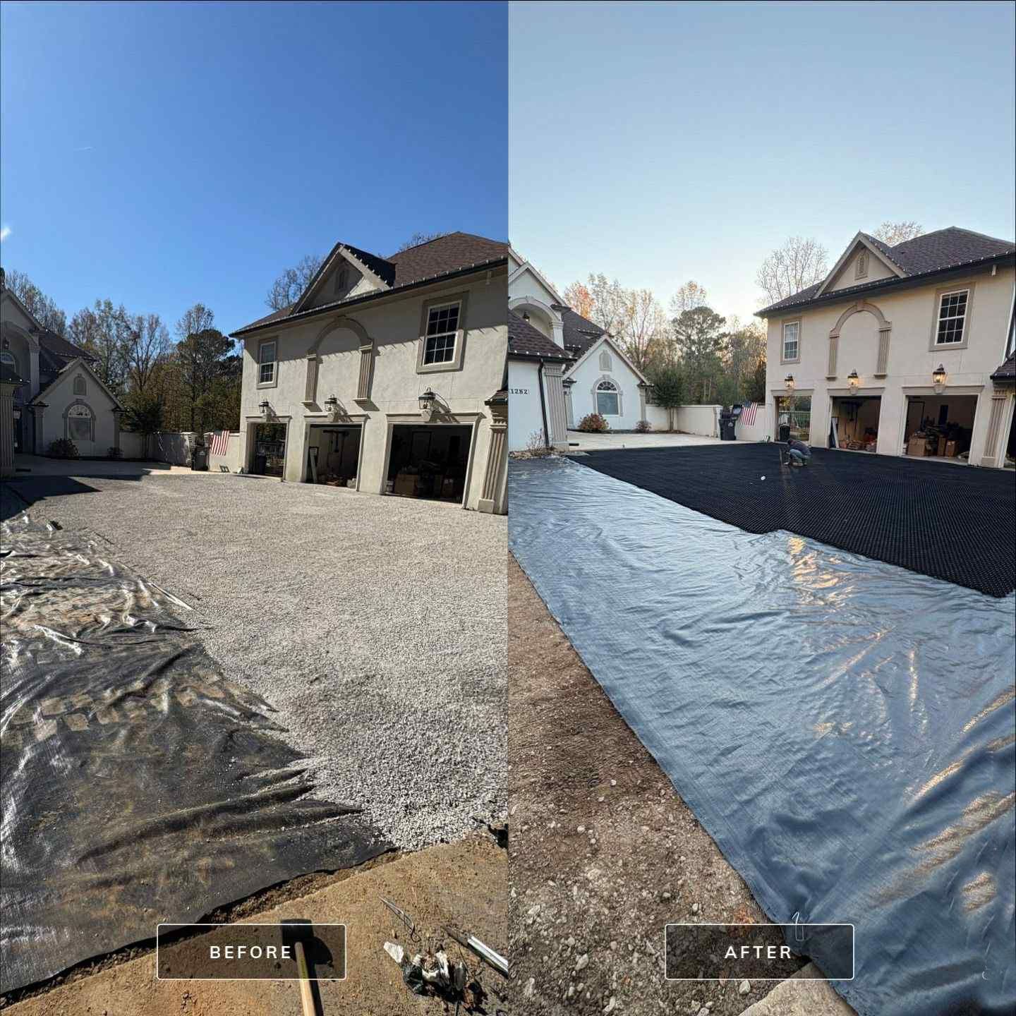 Before-and-after view of a house and gravel driveway, with black tarp on the left and clean paved surface on the right