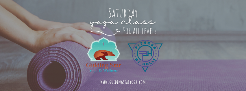 Hands roll up a purple yoga mat for a Saturday yoga class. Includes two business logos and a website link.