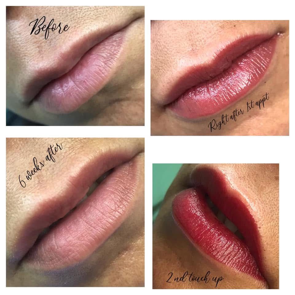 Four photos: Before and after lip blushing. Results show fuller lips with enhanced color.