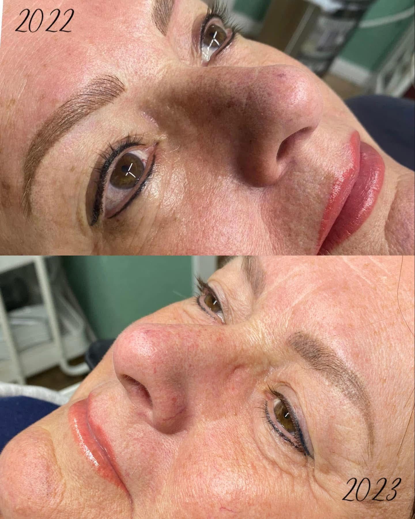 Comparison of woman's face with permanent makeup. Top shows 2022, bottom 2023. Eyebrows, eyeliner, and lip color.