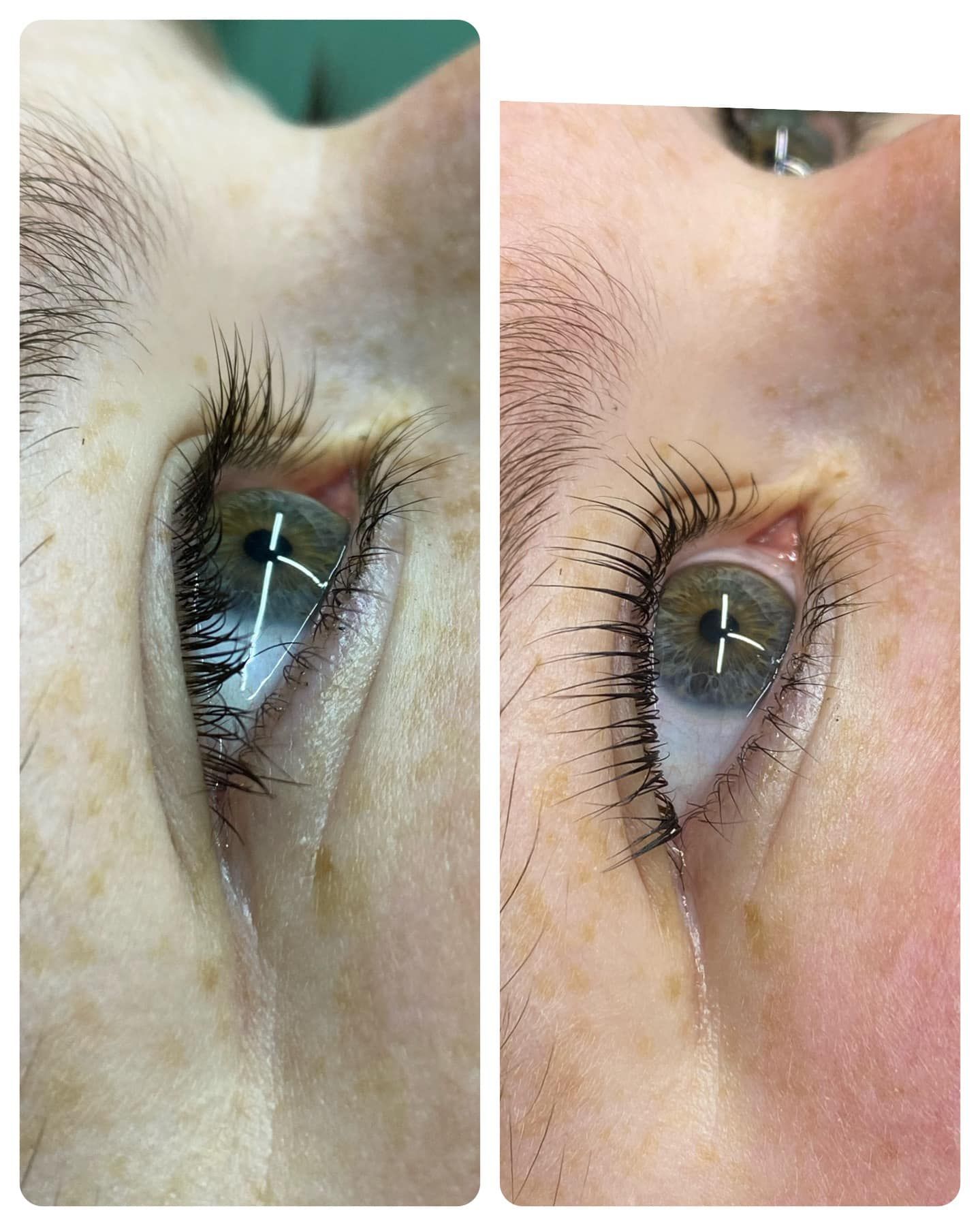 Before and after photos of an eye, showing thicker, darker eyelashes after treatment.