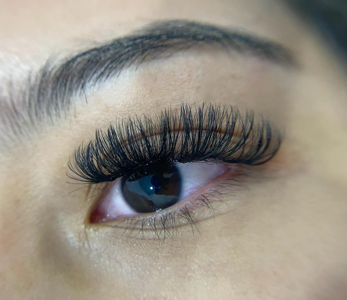Close-up of an eye with thick, black lash extensions and a neatly shaped eyebrow.