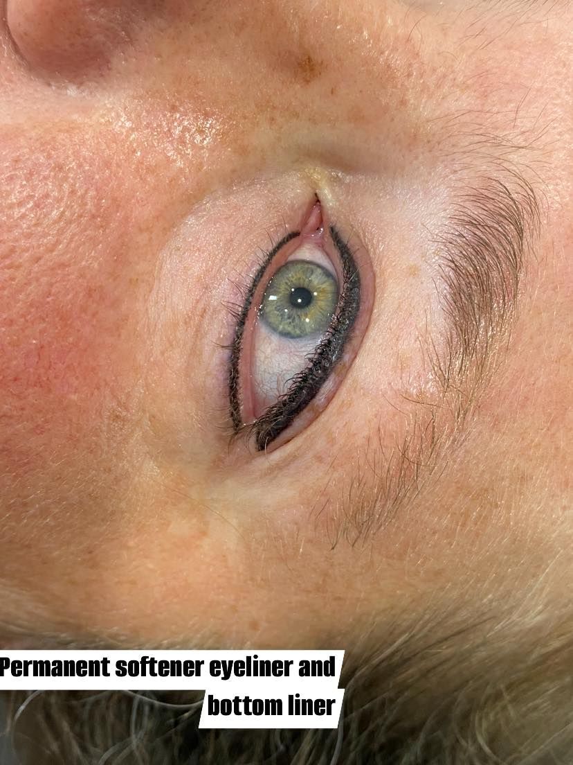 Close-up of an eye with newly tattooed permanent eyeliner; green iris.