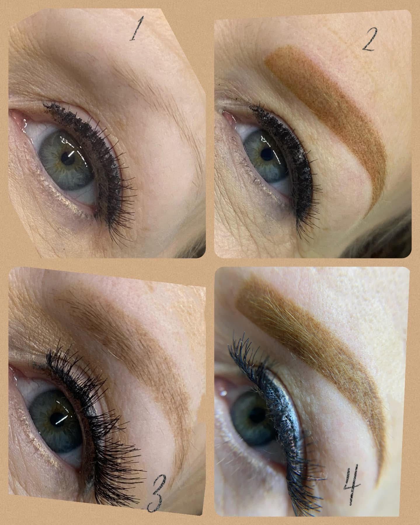Four close-up views of an eye with different eyebrow and eyeliner styles; different colors of brown used.