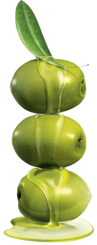 Three green olives stacked with olive oil dripping, topped with a leaf.