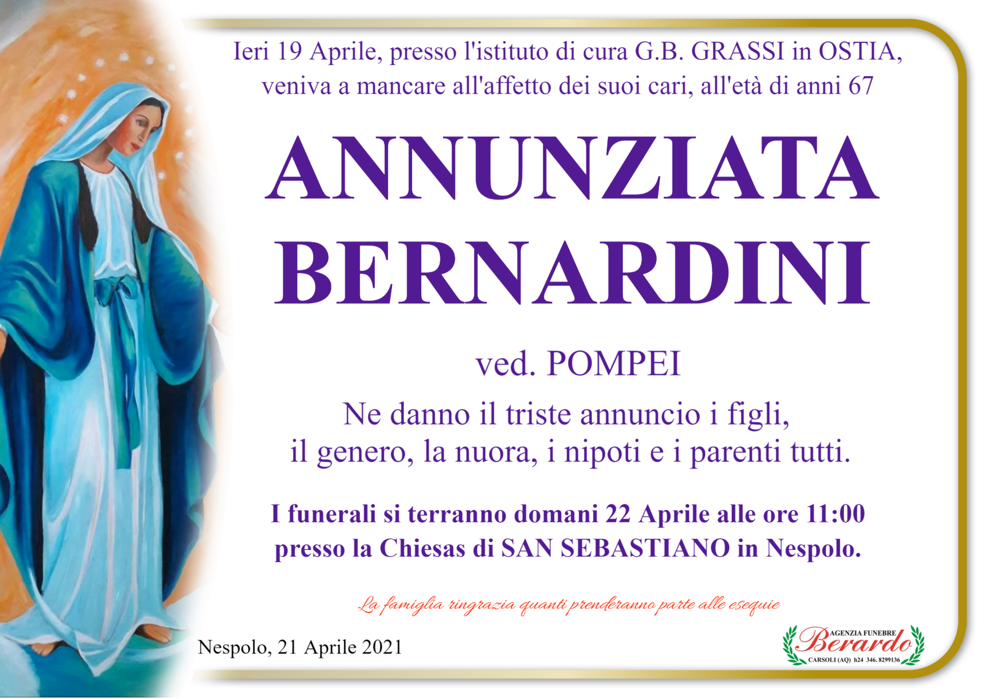 necrologio Annunziata Bernardini