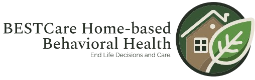 Logo for BESTCare Home-based Behavioral Health with a house and leaf illustration inside a dark green circle.