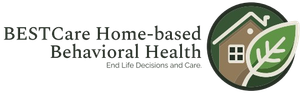 Logo for BESTCare Home-based Behavioral Health with a house and leaf illustration inside a dark green circle.