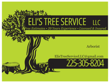 Eli&rsquo;s Tree Service LLC business card with black tree logo on green background and phone number 225-305-8204