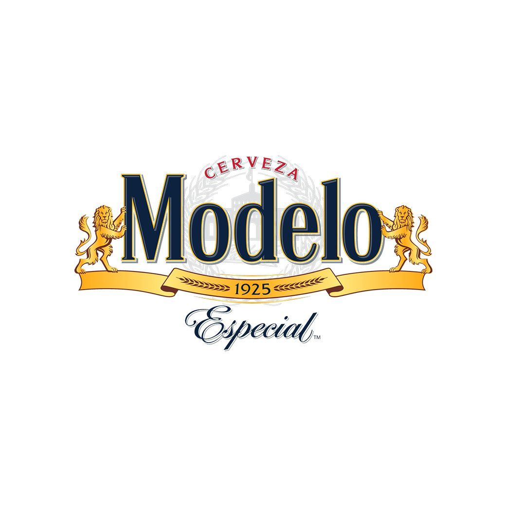 The logo for modelo oro cerveza is blue and gold on a white background.