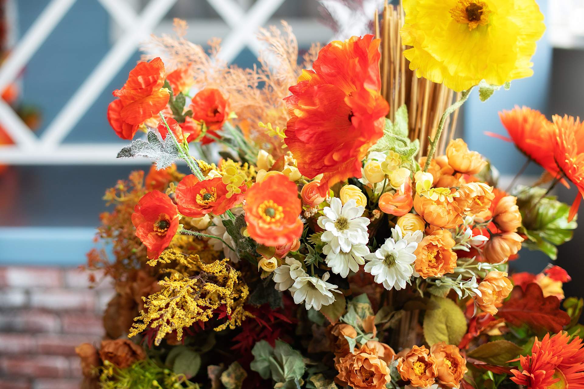 Close-up of a vibrant sunflower with orange, red, and yellow petals and a dark center against a blurred green background.