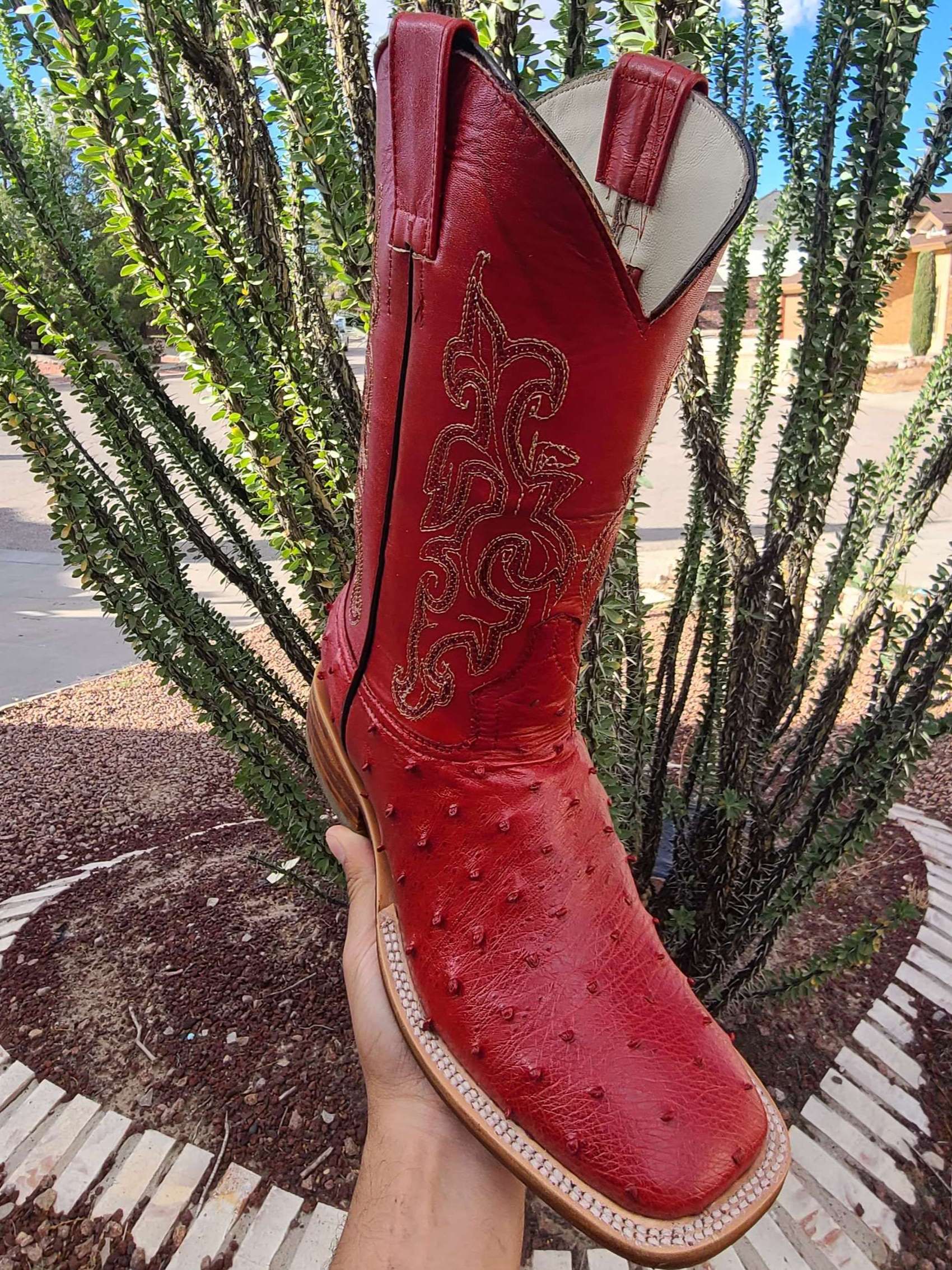 A person is holding a pair of red cowboy boots in front of a bush.