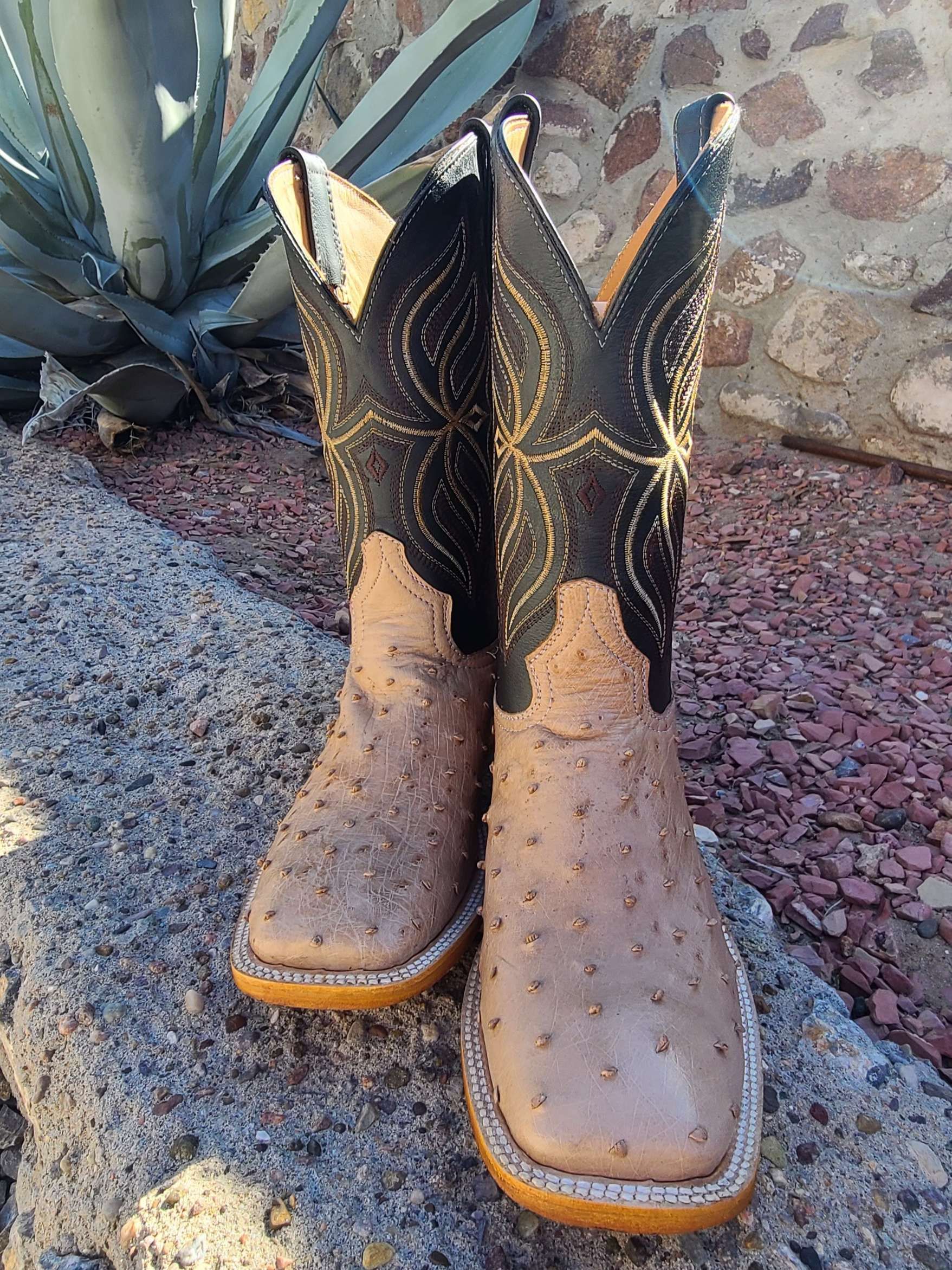 A pair of ostrich cowboy boots are sitting on a rock.