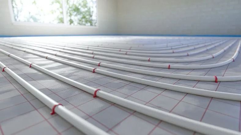 Tubi bianchi installati su una superficie a griglia, probabilmente per il riscaldamento a pavimento, in una stanza con una finestra.