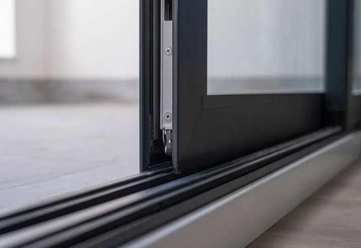 Porta scorrevole in vetro con telaio nero su binario, vista dal basso.