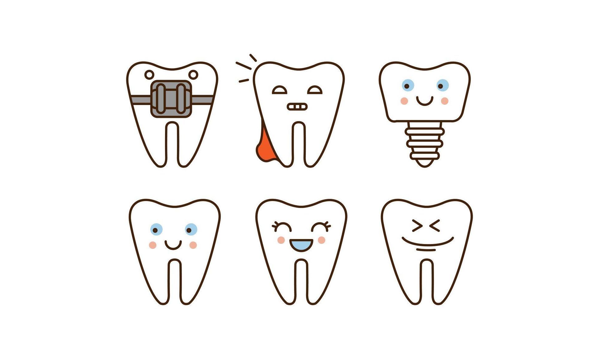 A set of tooth icons with different facial expressions.