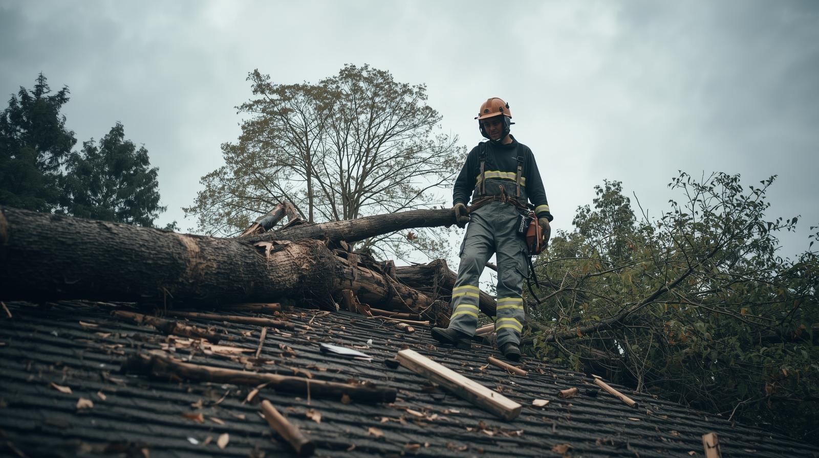 Firefighter on a roof with a fallen tree, wearing a helmet, overcast sky.