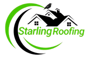 Logo for Starling Roofing featuring a black bird atop stylized house silhouettes with green and black curved accents.