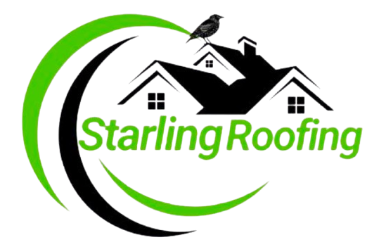 Logo for Starling Roofing featuring a black bird atop stylized house silhouettes with green and black curved accents.