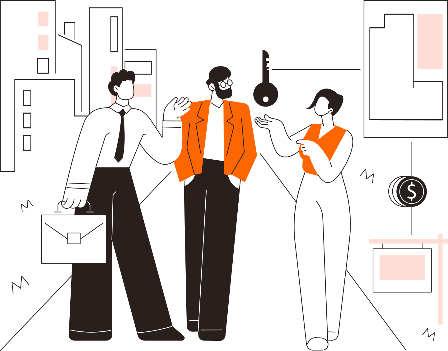 Illustration of three people discussing property services and investment