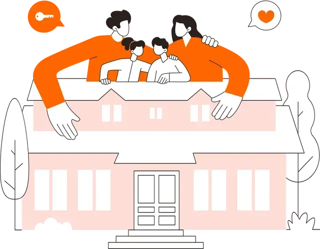 Illustration of a family looking over a house model in warm orange tones