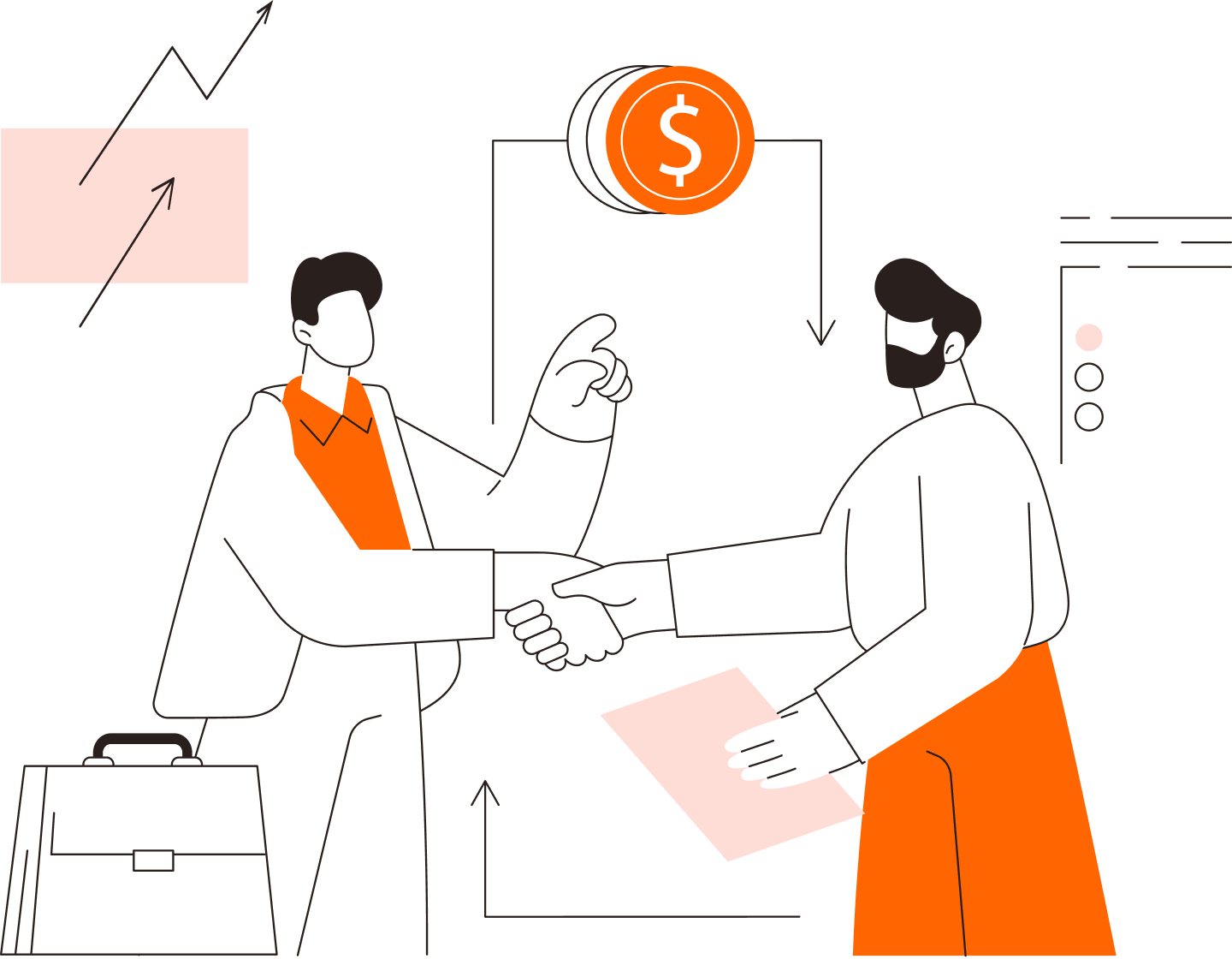 Illustration of property owner and manager shaking hands with financial icons