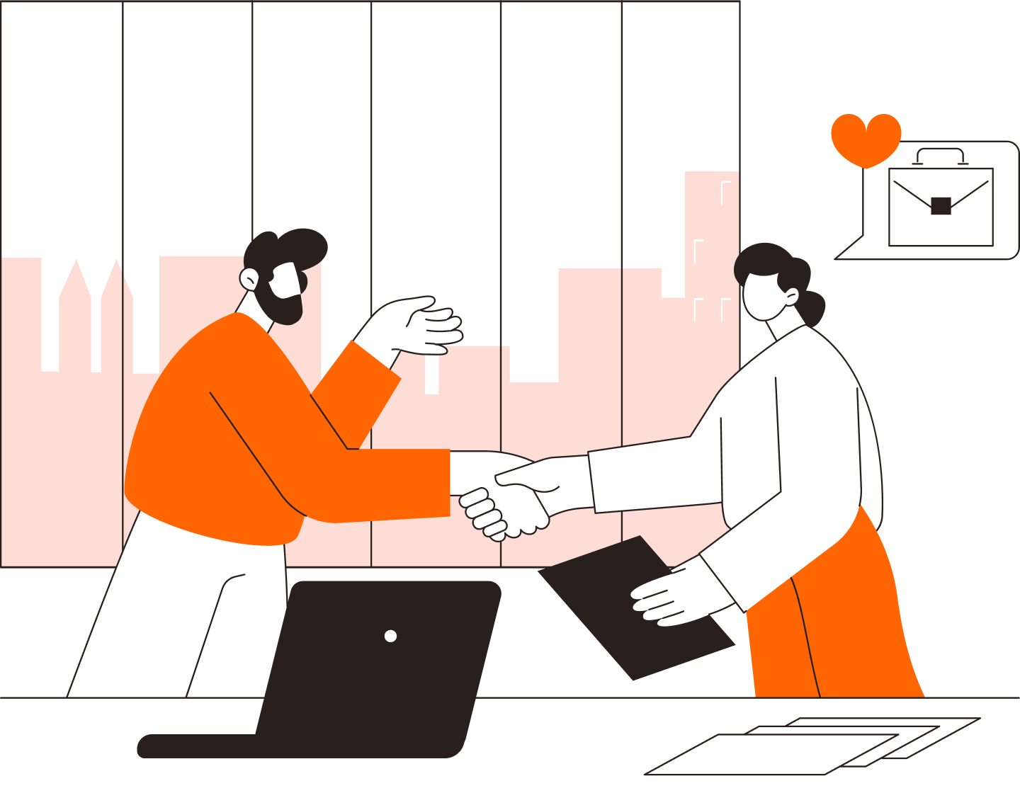 Illustration of property manager and owner shaking hands – partnership agreement