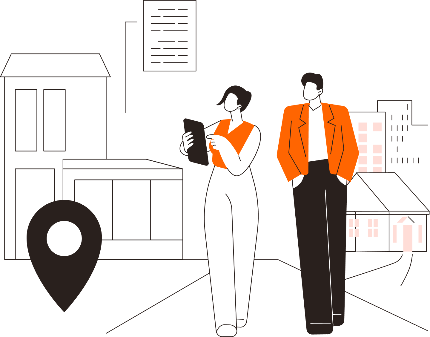 Illustration of tenants speaking with property manager outside building
