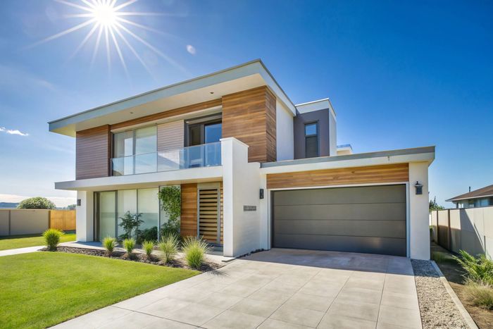 Modern two-story house with wood accents and a gray garage door, set on a manicured lawn under a bright blue sky.