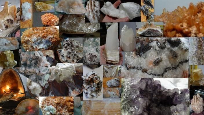 Collage of assorted mineral and crystal specimens in gray, white, orange, and purple tones
