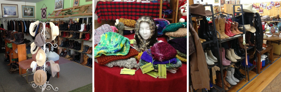 Clothing store with colorful hats, bags, shoes, and garments displayed on shelves and racks.