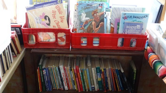 Red bookshelf with children’s books in plastic bins and more books on the lower shelf